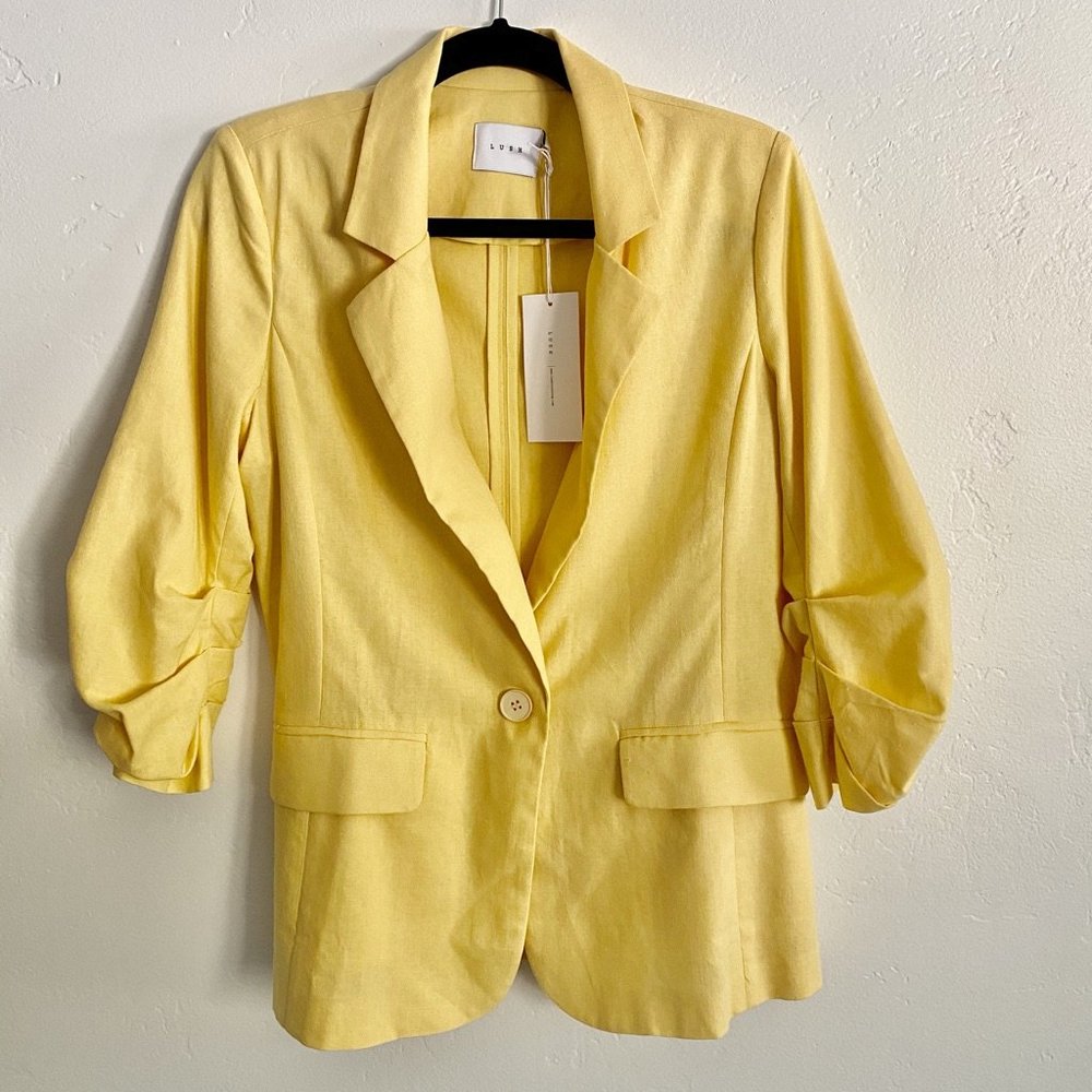 {Lush} Linen Ruched Sleeve Yellow Blazer